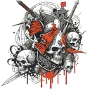 A knight with a sword shield and skulls tattoo design idea