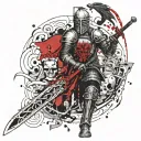 A knight with a sword shield and skulls tattoo design idea