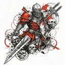 A knight with a sword shield and skulls tattoo design idea