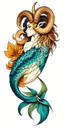 mixed color tattoo as a sleeve on the arm: zodiac sign aries, majestic ram with horns curled upwards, beautiful mermaid  tattoo design idea