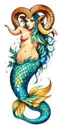 mixed color tattoo as a sleeve on the arm: zodiac sign aries, majestic ram with horns curled upwards, beautiful mermaid  tattoo design idea