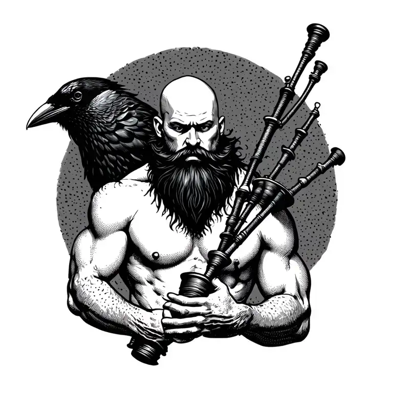 bald bagpiper with black beard with crow featherd muscular body with a mans head and hands playing blackbagpipes tattoo design idea