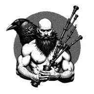 bald bagpiper with black beard with crow featherd muscular body with a mans head and hands playing blackbagpipes tattoo design idea
