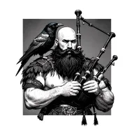 bald bagpiper with black beard with crow featherd muscular body with a mans head and hands playing blackbagpipes tattoo design idea