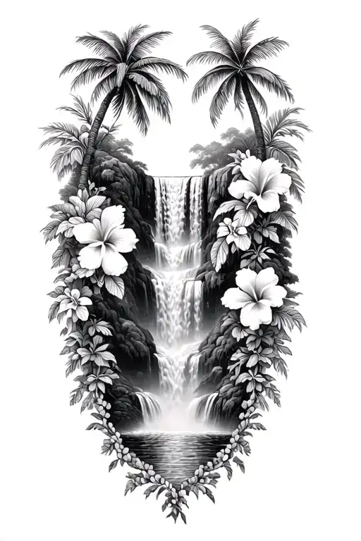 hawaiin waterfall with hibiscus vine and palm tree tattoo design idea