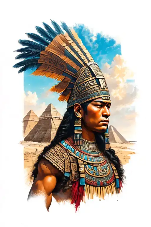 Full arm sleeve with color. Feature a Mayan warrior, with Mayan pyramids, and Mayan glyphs in the background. Add a maje tattoo design idea