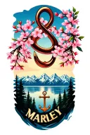 Design me a forearm tattoo with a infinity symbol, anchor, cherry blossom, mountain range, snowboard and the name marley tattoo design idea