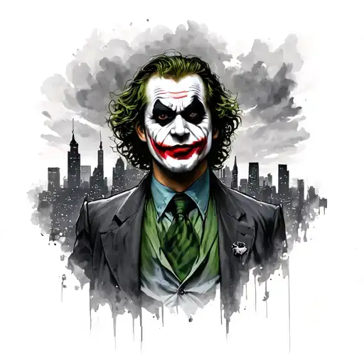 heath ledger joker with Gotham City skyline tattoo design idea