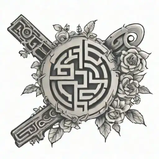 A maze runner inspired tattoo featuring a maze with flowers growing throughout, incorporating a subtle army weapon design tattoo design idea