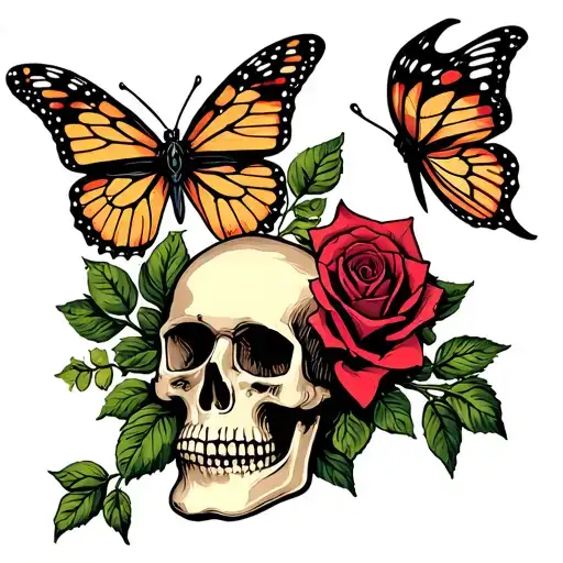 Virgo symbol with a butterfly, skull, and rose tattoo design idea