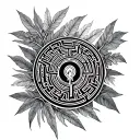 labyrinth, jungle leaves, time tattoo design idea