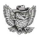 tough owl wearing cowboy hat with wings spread wide tattoo design idea