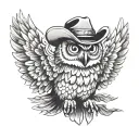tough owl wearing cowboy hat with wings spread wide tattoo design idea