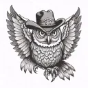 tough owl wearing cowboy hat with wings spread wide tattoo design idea