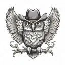 tough owl wearing cowboy hat with wings spread wide tattoo design idea