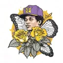 Bruno mars holding a yellow rose, wearing a purple baseball cap with a butterfly on it, a sun in the background tattoo design idea