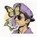 Bruno mars holding a yellow rose, wearing a purple baseball cap with a butterfly on it, a sun in the background tattoo design idea