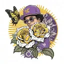 Bruno mars holding a yellow rose, wearing a purple baseball cap with a butterfly on it, a sun in the background tattoo design idea