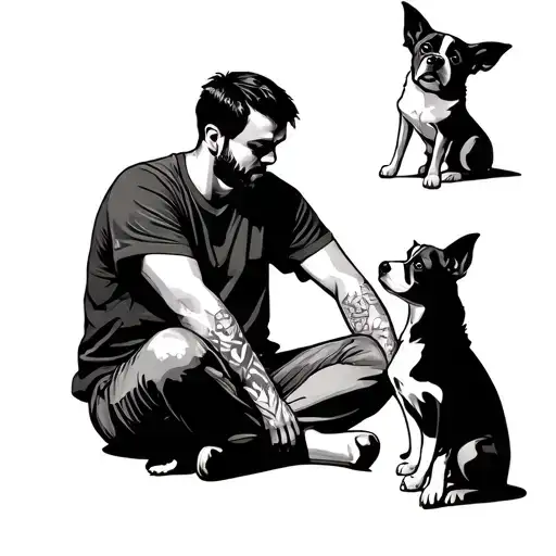 extremely cool and dope man sitting cross legged while chatting with baby dogs tattoo design idea