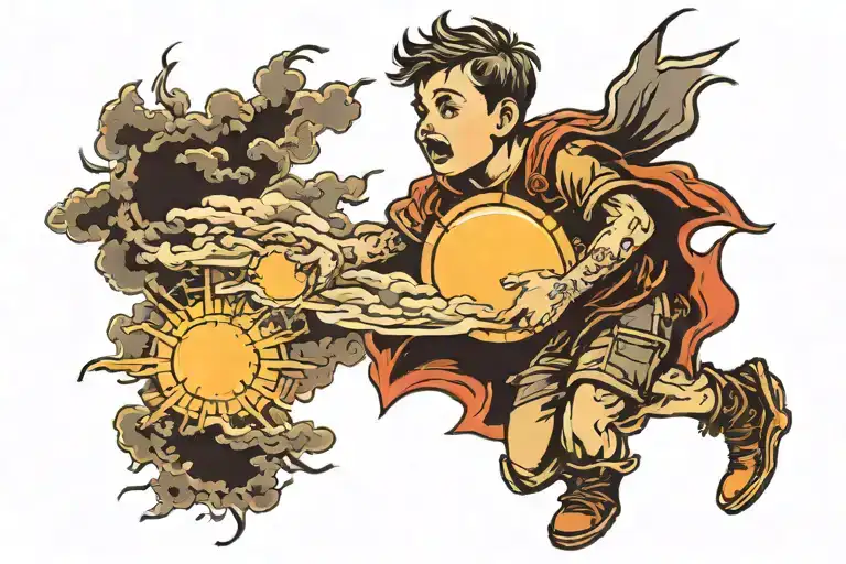 A boy pushes dark clouds aside and a bright sun appears tattoo design idea