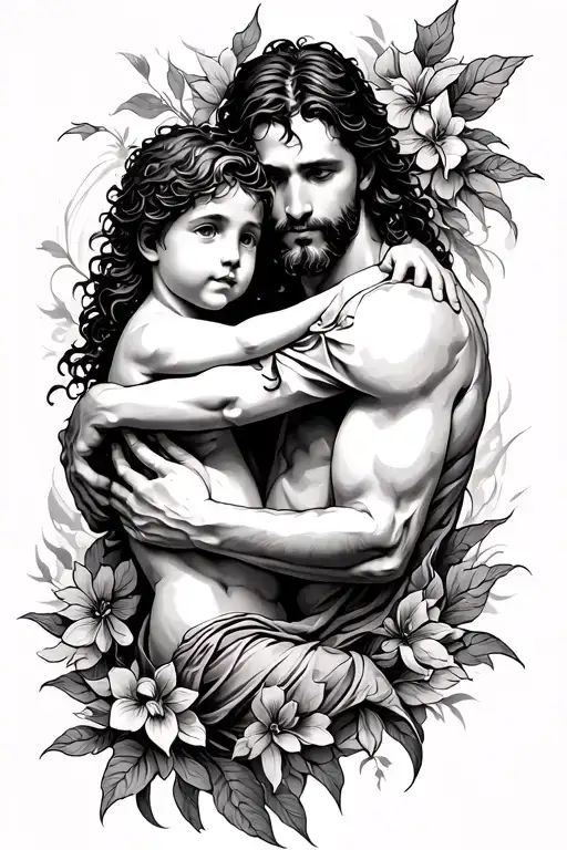  powerful sleeve of a father embracing his son, symbolizing redemption and grace. This can be depicted as silhouettes f tattoo design idea