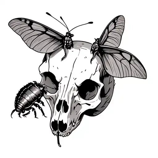 badger skull with a isopod insect and a Luna moth resting tattoo design idea