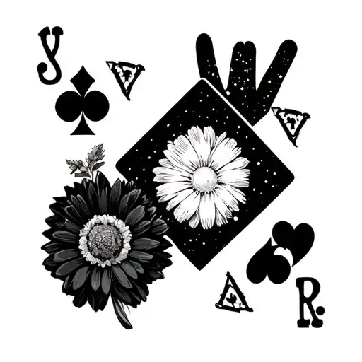 a joker card with marigold and cosmos in it and a live long and prosper sign and SpongeBob flower tattoo design idea