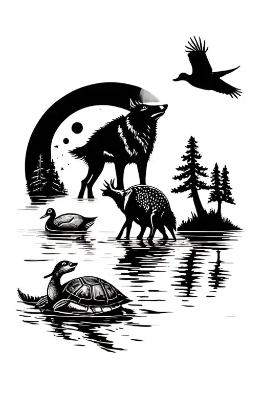 wolf howling at the moon,with a mallard duck flying, a turtle in water, and a stag in the forest tattoo design idea
