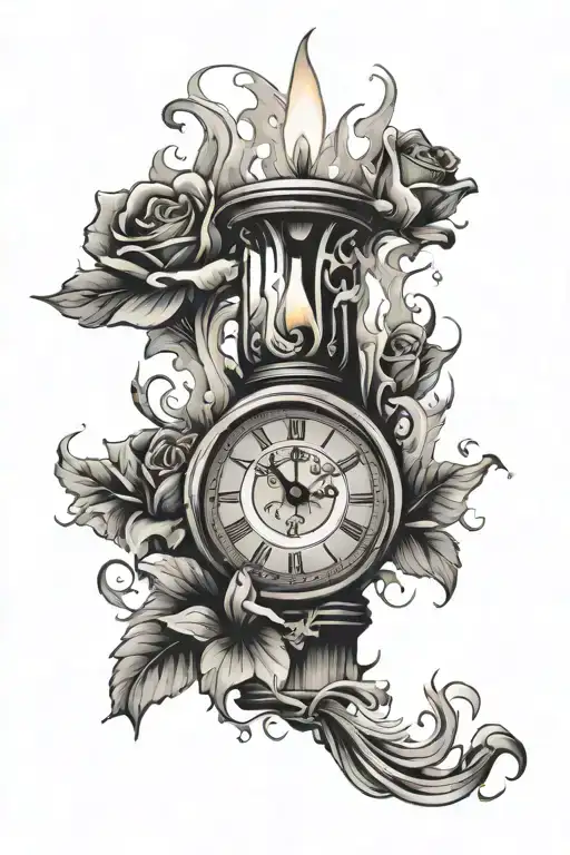 Burning Candle smoke rising clock flower tattoo design idea