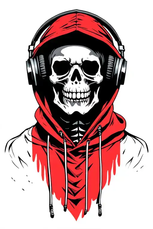 punk rock skeleton wearing a red hoodie while wearing headphones tattoo design idea