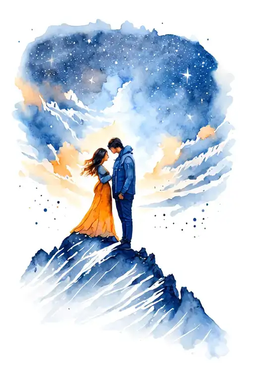 A couple on a mountain top underneath the starry sky tattoo design idea