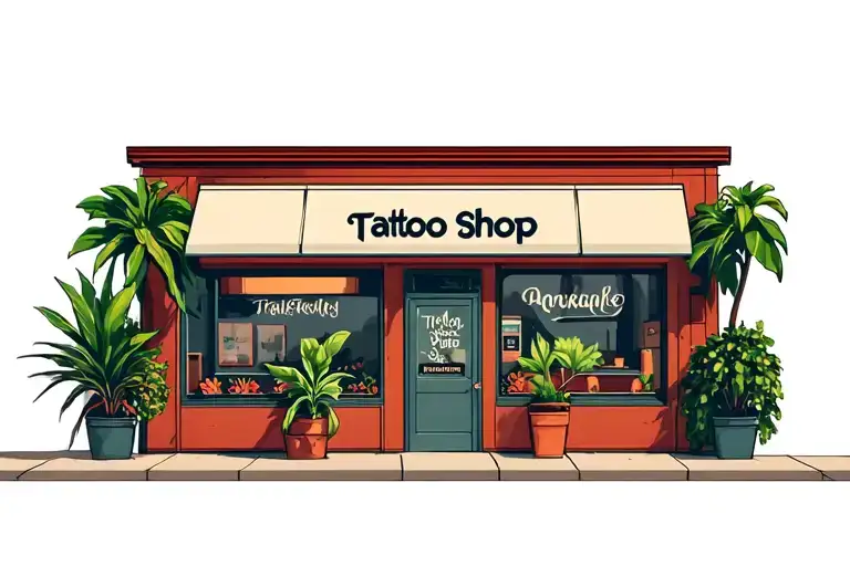 outside of 2 story tattoo shop with big windows and plants inside them tattoo design idea