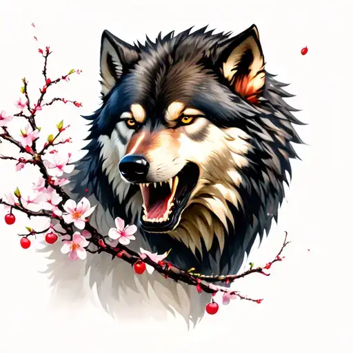 fenrir style wolf growling with cherry blossoms  tattoo design idea