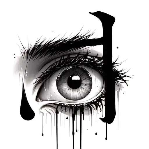 an eye who is crying and the tears write the japanese kanji 闇 tattoo design idea