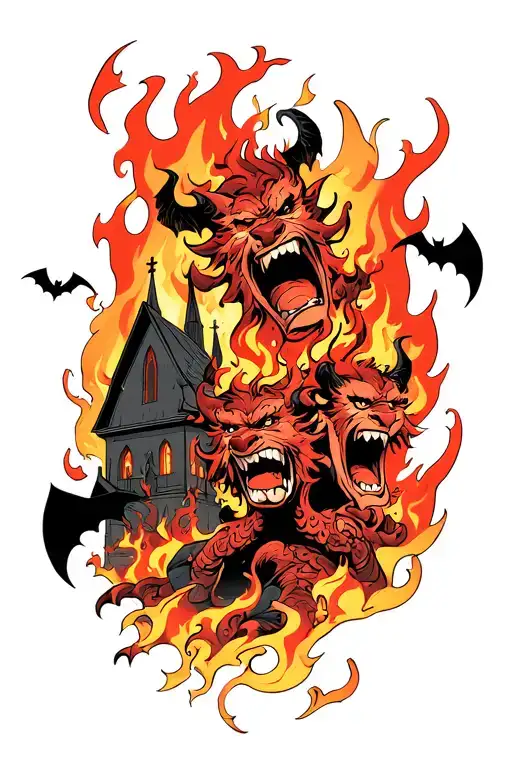 one laughing demon and one serious demon with flames and a burning church in the background and bats tattoo design idea