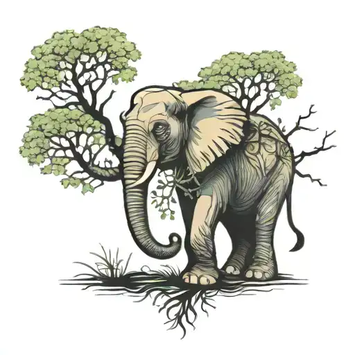 elephant surrounded by a tree intertwined tattoo design idea