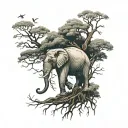 elephant surrounded by a tree intertwined tattoo design idea