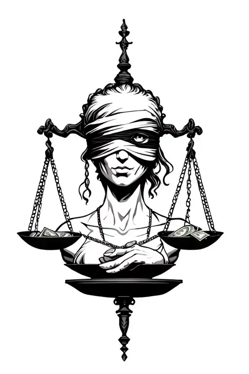 "Bad Justitia" Justitia, with blindfold that only hides one eye. a scale in one hand. There are money on one bowl of the scales tattoo design idea