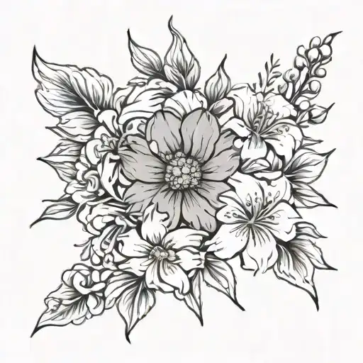 cosmos flower surrounded by gladiolus flower and sakura flower and honeysuckle flower tattoo design idea