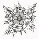cosmos flower surrounded by gladiolus flower and sakura flower and honeysuckle flower tattoo design idea