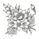 cosmos flower surrounded by gladiolus flower and sakura flower and honeysuckle flower tattoo design idea