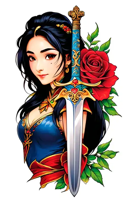 A new-school tattoo of the Mulan family sword and the Beauty and the Beast enchanted rose, with vibrant colors and dynamic composition tattoo design idea