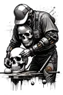 A maintenance worker fixing a robotic skull golfer on a steampunk background tattoo design idea