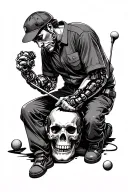 A maintenance worker fixing a robotic skull golfer on a steampunk background tattoo design idea