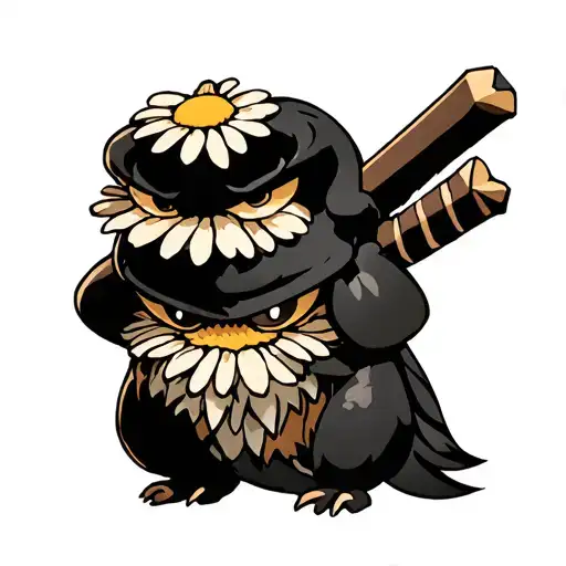 Make me a sketch of a tattoo: chamomile should be the hero of the anime Hayao Miyazaki, it should be alive, with evil grimace and weapon tattoo design idea