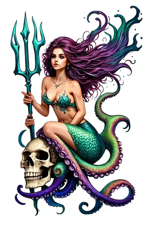 A siren mermaid is sitting on an octopus/skull hybrid and is holding a trident tattoo design idea