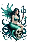 A siren mermaid is sitting on an octopus/skull hybrid and is holding a trident tattoo design idea