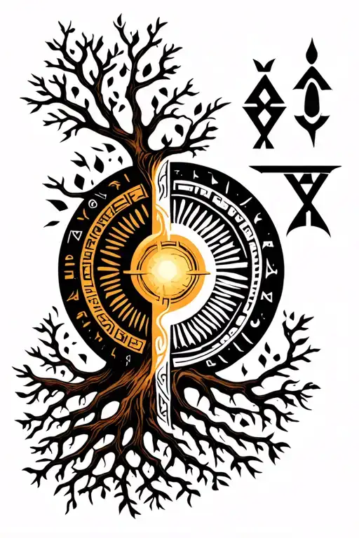 Nordic and Egyptian rune tattoo, in a circle, with roots of a tree on the meaning of life, half a sun, half a half tattoo design idea