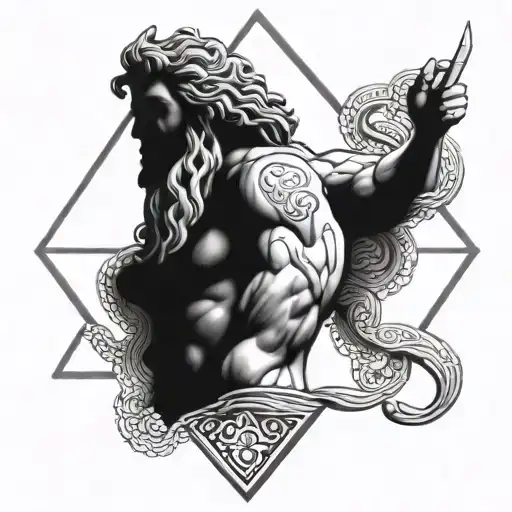 A powerful Greek god, like Zeus or Hercules, depicted in a triangle shape design tattoo design idea