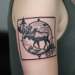 Mountain Moon Northern Lights Moose Compass surrounded tattoo design idea